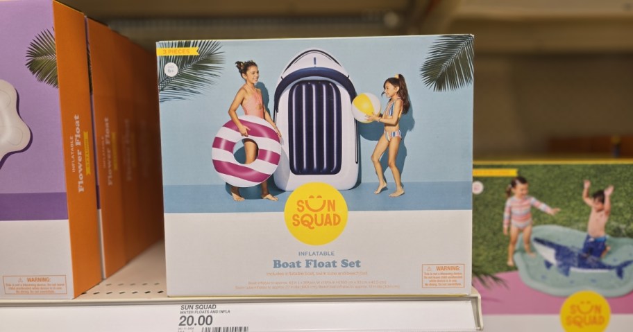 box with sun squad boat float set on target shelf