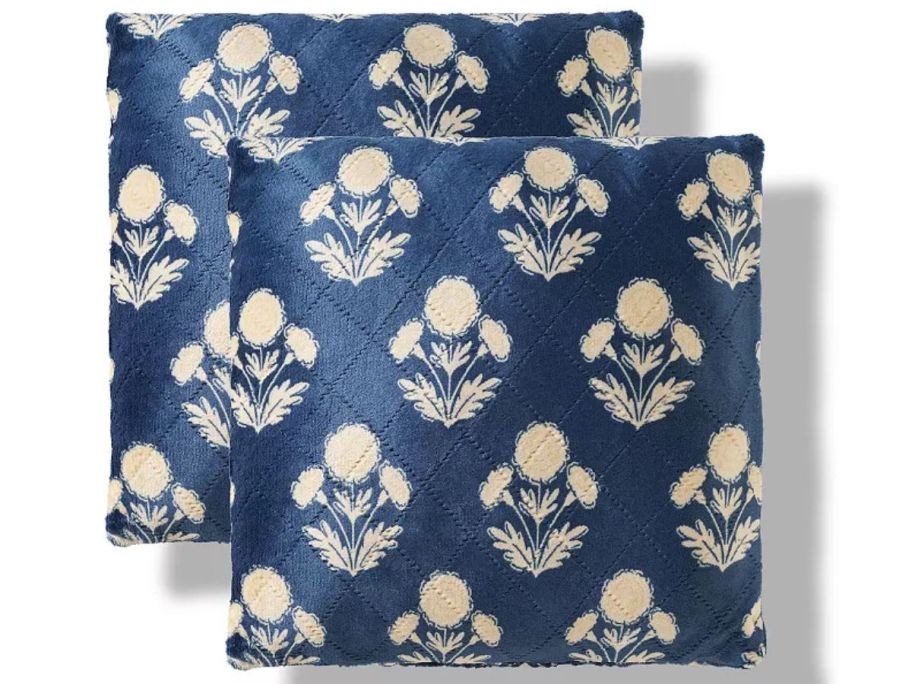 2 blue and cream colored jacquard pillows