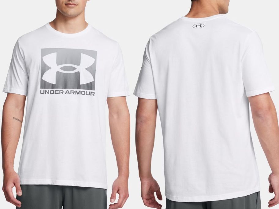 Stock image of the front and bakc of a Man wearing an under armour tee