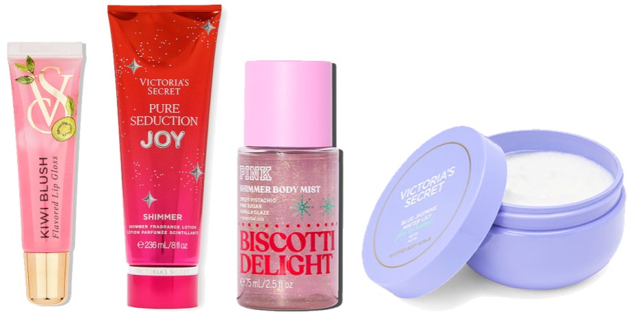 lip gloss, lotion, body mist, and body scrub