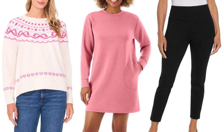 Vince Camuto Women's Valentine's Day Sweater, Member's Mark Women's Sandwash Long Sleeve Mini Dress, Express Women's Ponte Pants