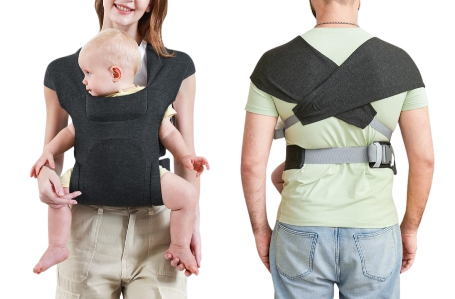 a woman showing the front of the carrier while wearing with a baby, and a man shown from the back wearing the carrier