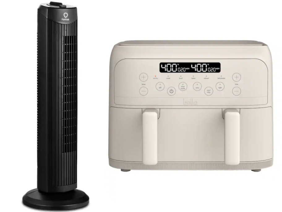 black oscillating fan and cream air fryer
