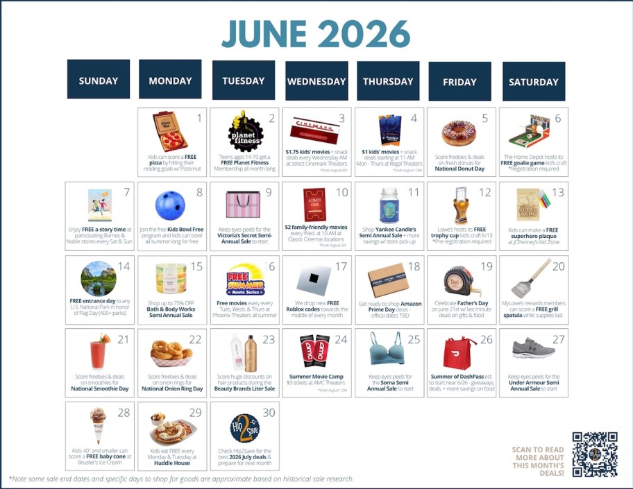 june calendar with various deals and sales