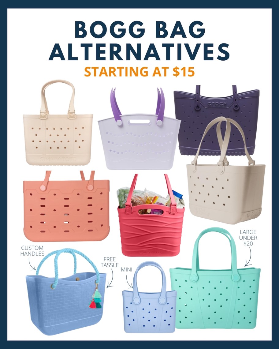 bogg bag alternatives starting at $15 collage with various stock photos of bags