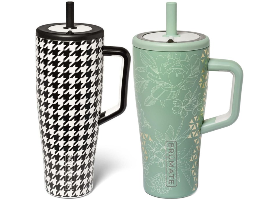 Two tall, handled tumblers with straws: one in black and white houndstooth pattern, the other mint green with floral and geometric designs.