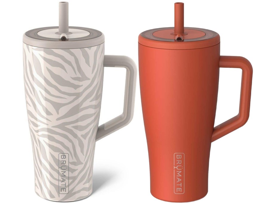 Two insulated mugs with handles and straws. One features a gray zebra pattern, the other is solid orange. Both have the "Br&uuml;Mate" logo, conveying a modern, stylish feel.