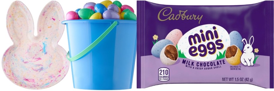 bunny serving tray, basket of plastic eggs, and a bag of mini chocolate eggd