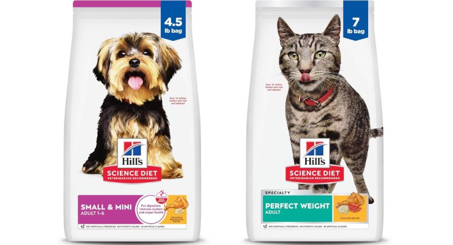 stock image of two cat and dog food bags