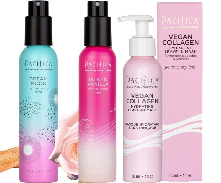 two cans of hair and body mist and a bottle of leave in hair treatment