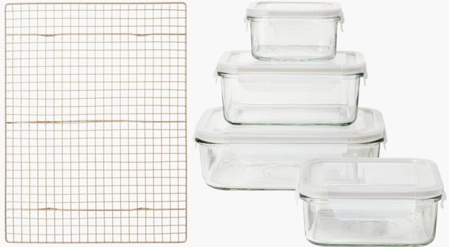 cookware set, cooling rack, and glass food storage