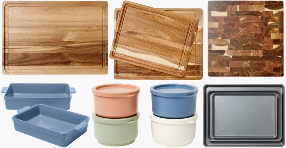 cutting boards, baking dishes, food storage containers, and baking sheet set