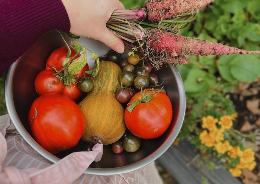 woman holding a bowl of garden vegetables