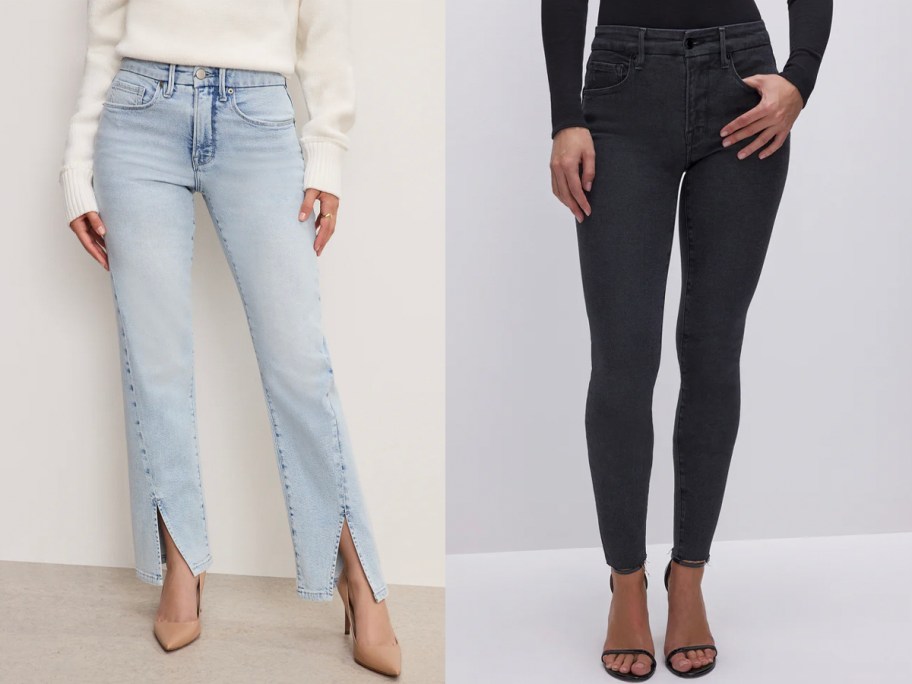 two women wearing blue and black jeans 