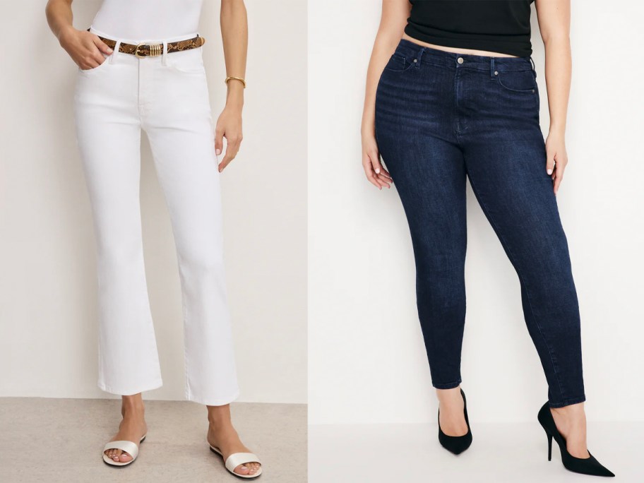two women wearing white and blue jeans 
