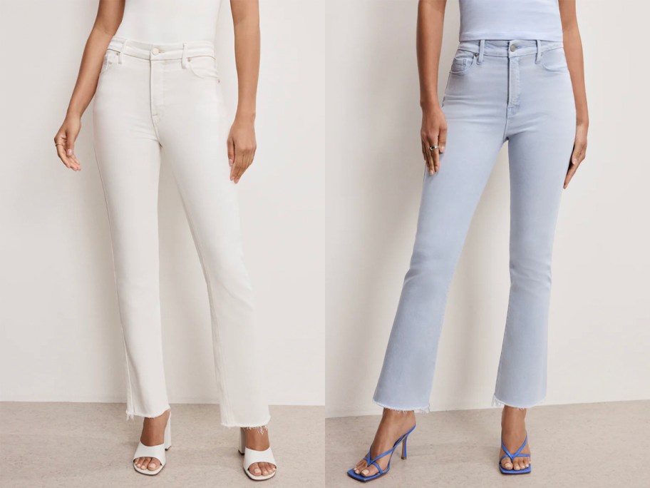 two women wearing white and blue jeans 