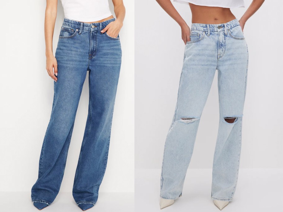 two women wearing blue jeans 