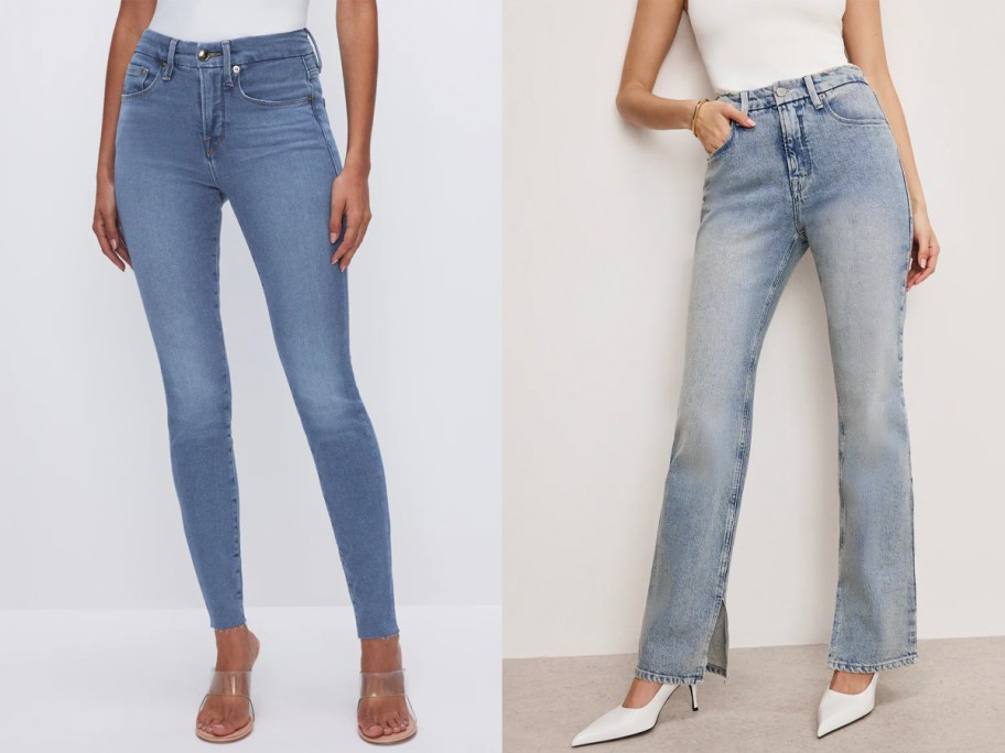 two women wearing blue jeans 
