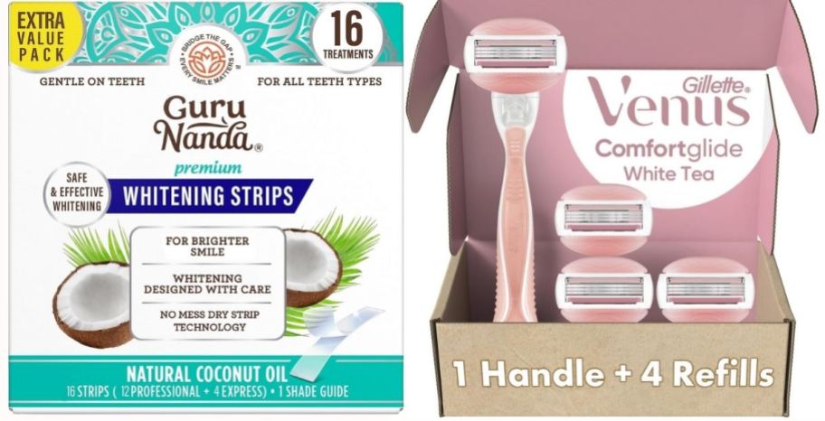 a box of whitening strips and a box of razor refills with handle