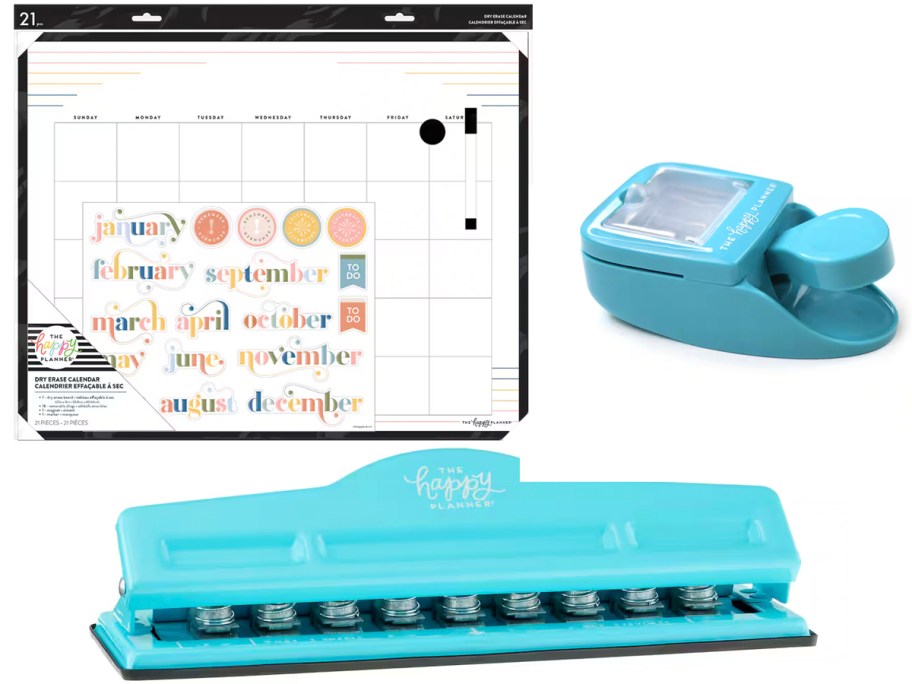 happy planner calendar and two punchers