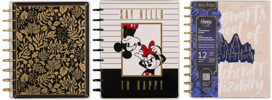 gold flowers, mickey mouse and hogwarts planners 