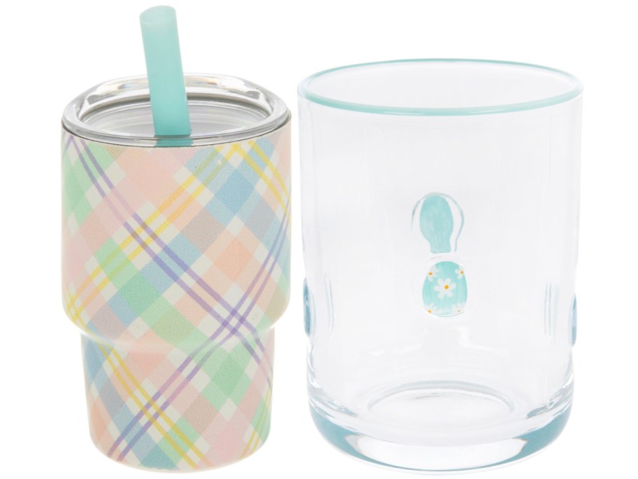 Two drinking containers are side by side: a pastel plaid mini tumbler with a teal straw and lid, and a clear glass with a turquoise rim and floral design.