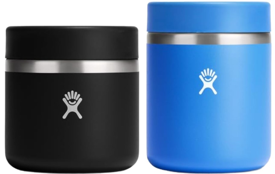 Two insulated canisters with lids side by side. The left is black, and the right is blue. Both feature a silver band and a white logo on the front.