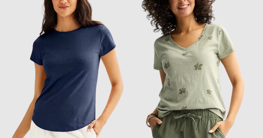 2 women wearing tees and pants