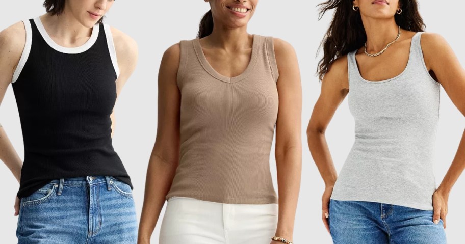 3 women wearing different tank tops and jeans