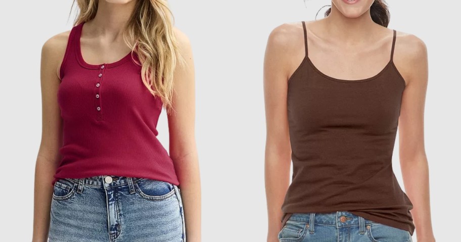 2 women wearing different types of tank tops and jeans