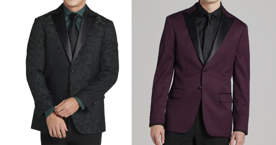 two men wearing black and purple men's wearhouse suit jackets