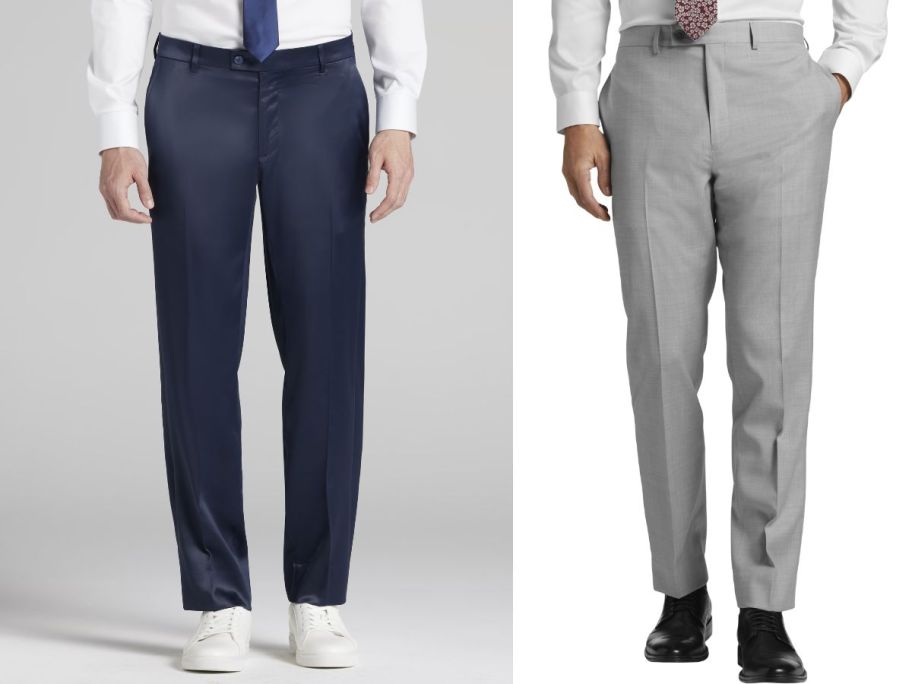 two mem wearing men's wearhouse pents in blue and grey