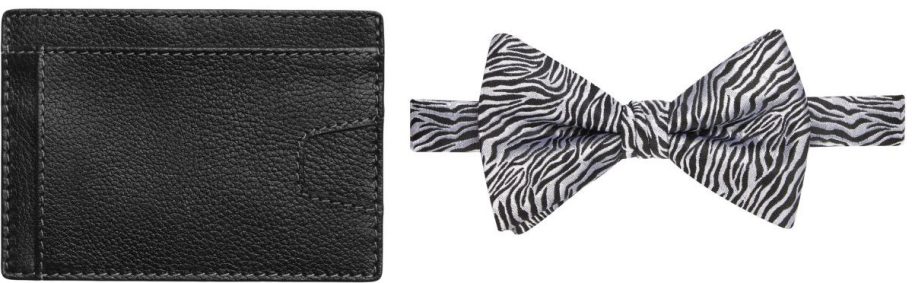 a black men's wearhouse wallet and black and white printed tie
