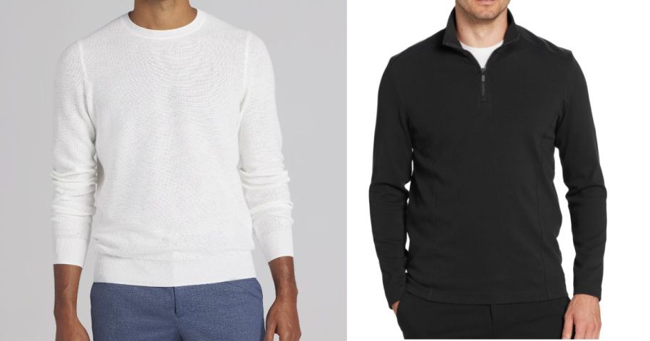 two men wearing men's wearhouse white and black sweaters