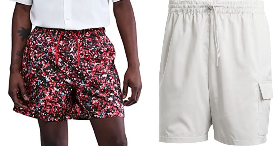 a man wearing nike shorts next to adidas shorts