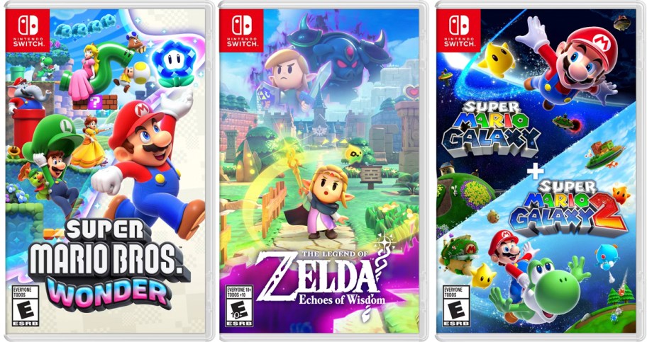 super. mario wonder, zelda, and galaxy video games 