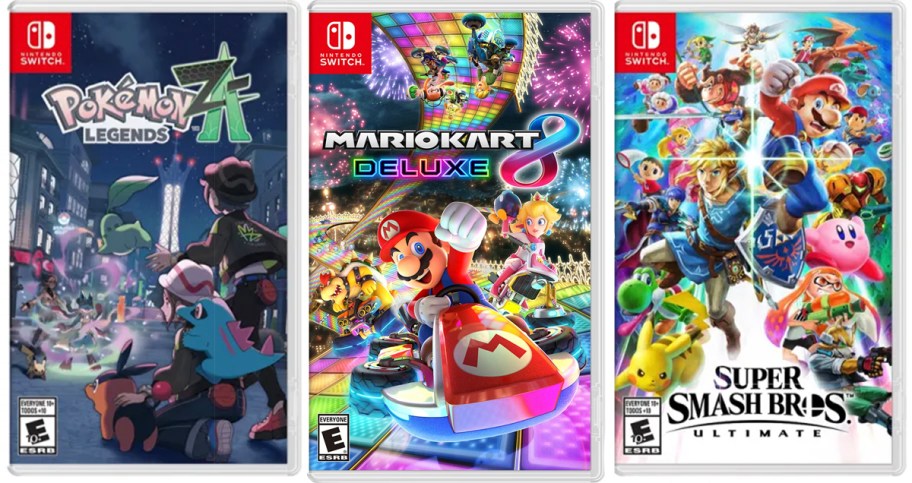 pokemon, mario kart, and smash brothers nintendo switch games 