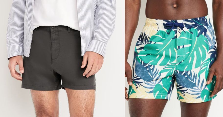 two men wearing old navy men's shorts and swim trunks