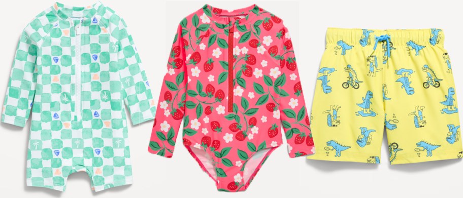 teal, red, and yellow kids swimsuits
