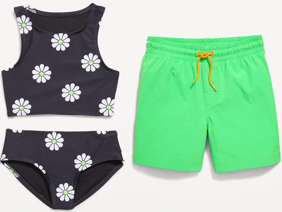 black daisy and green kids swimsuits