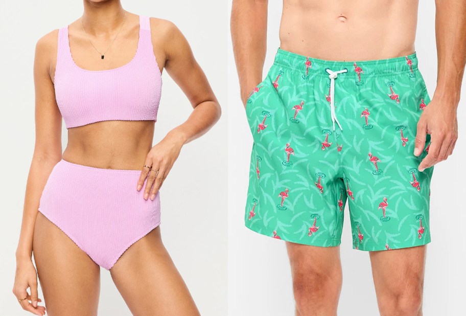 woman wearing purple swimsuit and man wearing teal swim shorts