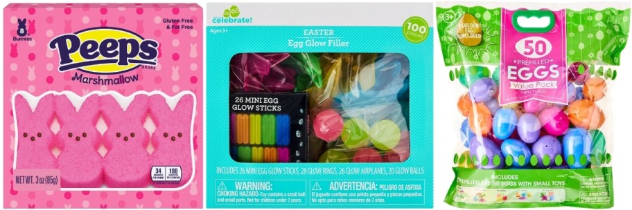 peeps bunnies, egg filler, and empty easter eggs