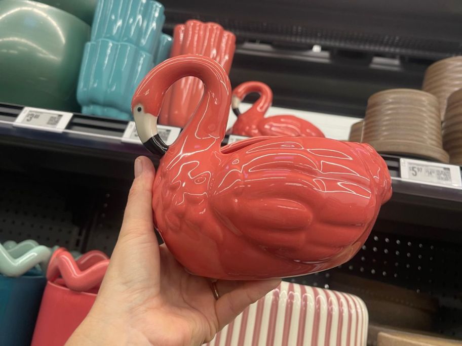 Mainstays Ceramic Flamingo Planter in hand in store