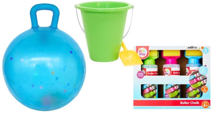 blue LED Bouncer, green bucket and yellow shovel, and Roller Chalk 3-Piece Set