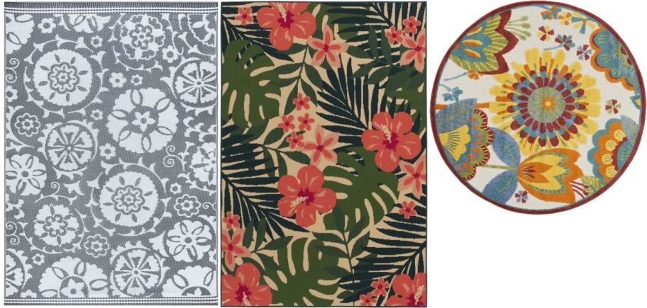 3 outdoor rugs in various patterns