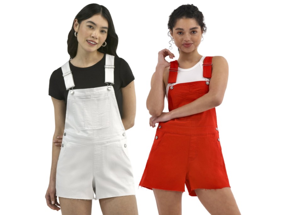 Two women wearing a pair of white and a pair of red shortalls.