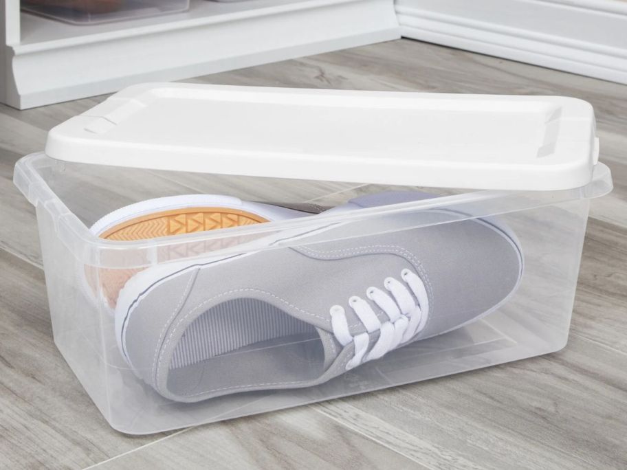 Sterlite 6-Quart Storage Box with shoes in it