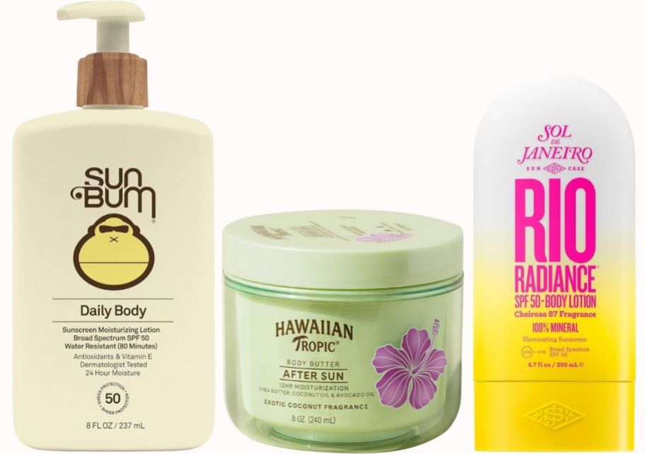 a pump bottle of sunscreen, a tub of after sun moisturizer and a tube of shimmery sun screen