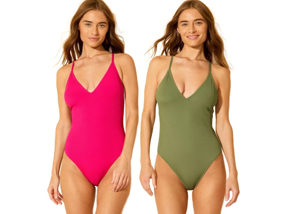 Two women are modeling swimsuits against a white background. One wears a bright pink suit, the other an olive green.
