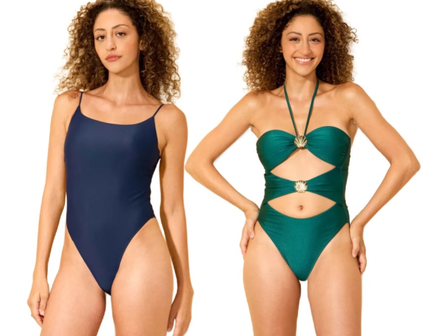 Two images of the same woman in swimsuits. Left: navy blue one-piece. Right: green cut-out swimsuit.